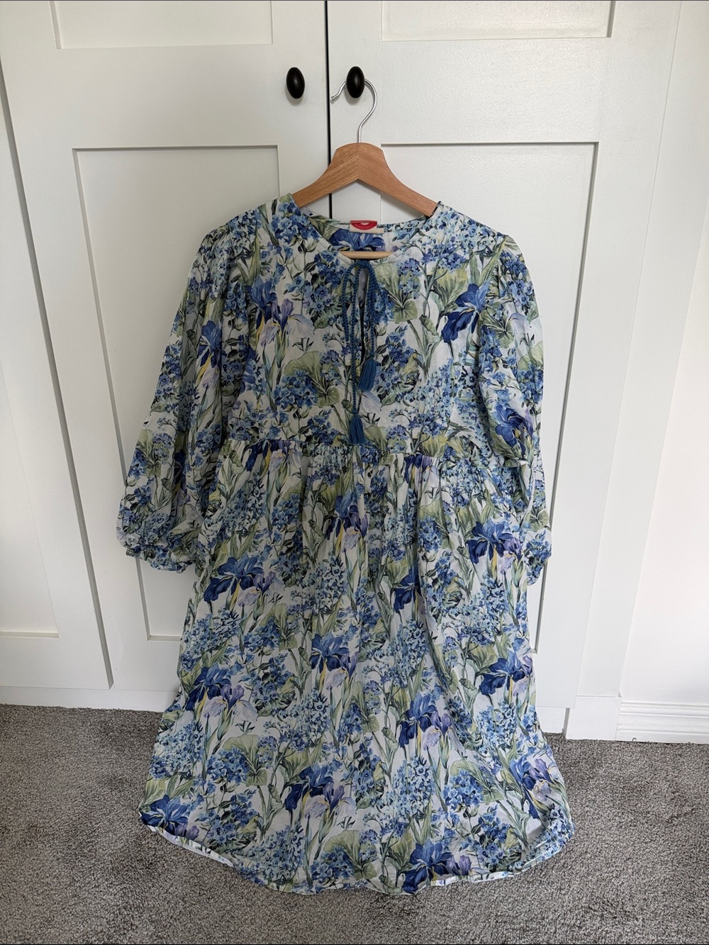 Maternity- Blue & Green Floral Midi Dress with Tie Neck